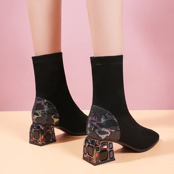 

kickway Sock Boots Ladies Casual Ankle Boots Sequin Cloth Elastic Force Plus Size 34-43 Plush Crystal Heels Black Boots Women