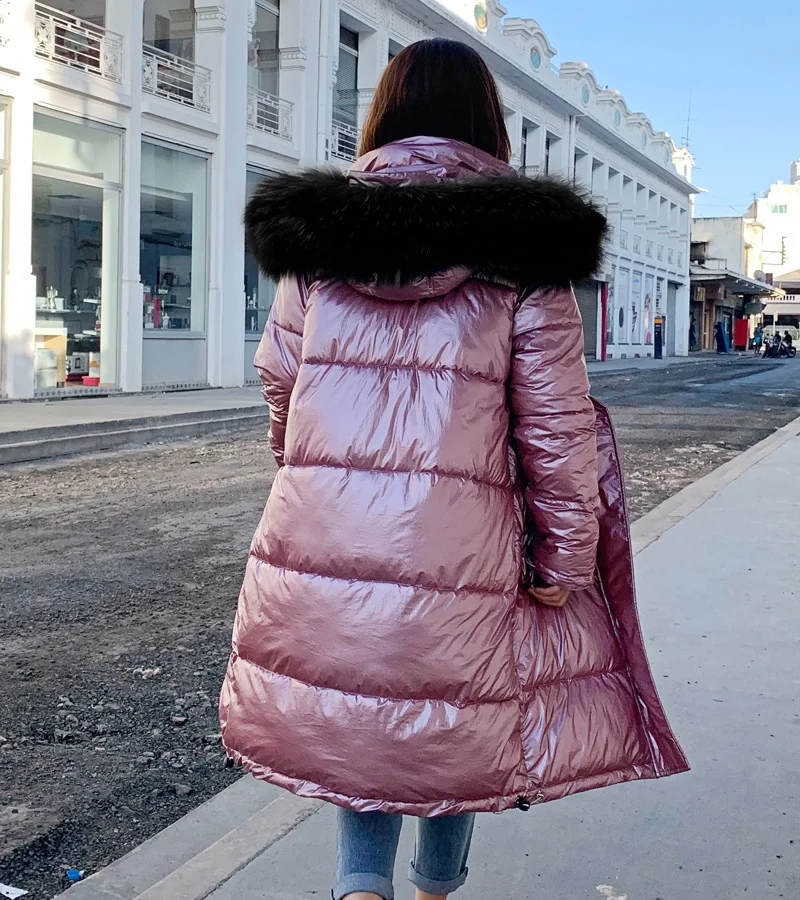 Высокое качество, новинка, Зимняя женская куртка, теплая, утолщенная, с капюшоном, с мехом, длинное пальто, блестящая ткань, стильная женская парка