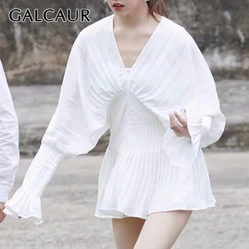 

GALCAUR Women's Shirts V Neck Flare Long Sleeve Pleated Tunic Large Size Casual Summer Blouses Female Korean Elegant Clothes