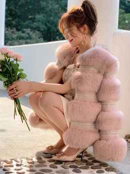 

ZDFURS*100% Natural Real Fox Fur Coat Women Winter Genuine Vest Waistcoat Thick Warm Long Jacket With Sleeves Outwear Overcoat