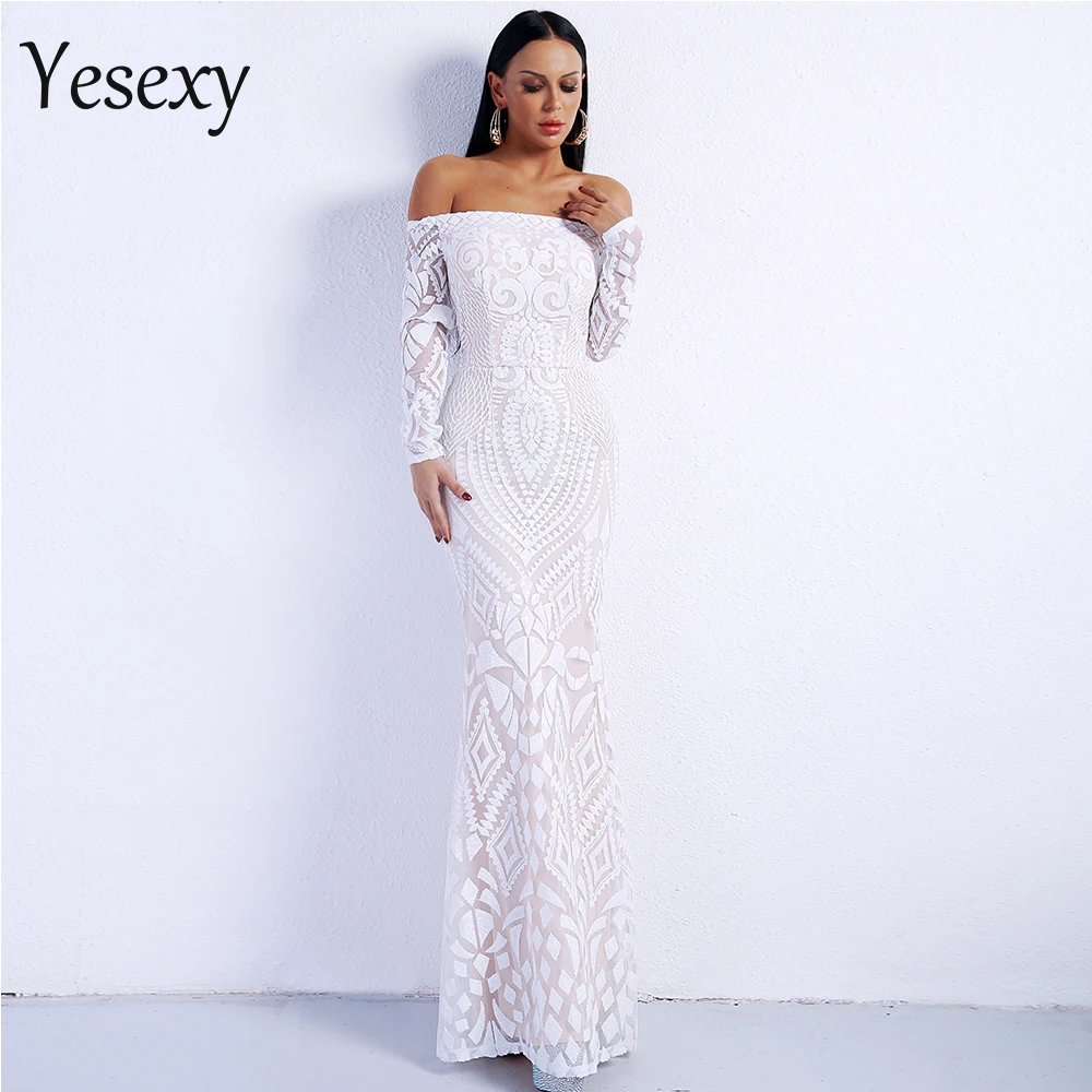 Yesexy, сексуальное платье с вырезом лодочкой и длинным рукавом, Ретро стиль, геометрические платья для вечеринок, женское Макси платье с блестками, VR8249