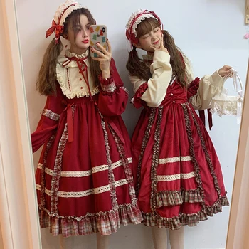 

Velvet red Christmas style op dress sweet lolita dress vintage lace bowknot high waist victorian dress kawaii girl gothic lolita
