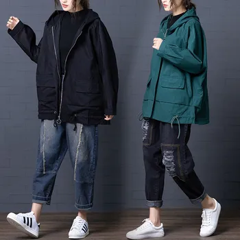 

2020 Casual Plus Size Women's Spring Autumn Trench Coats Korean Art Loose Windbreaker Casual Zipper Hooded Female Outerwear b187