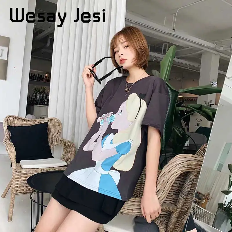 

Tshirts High street vintage cartoon printing o-neck washed t shirt women harajuku casual tshirt camisetas verano mujer 2020