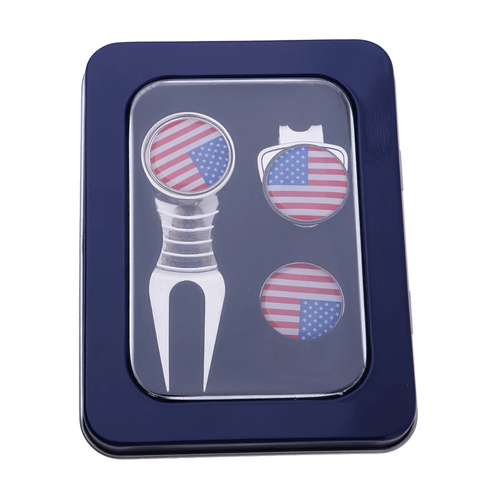 Golf Divot Tool Ball Marker Hat Clip Patriotic Golf Gift Case Set Accessory