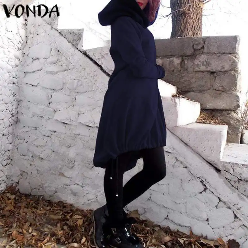 Осенне-зимнее платье повседневные однотонные платья с капюшоном и длинными рукавами VONDA богемные пляжные Вечерние платья Vestido, большие размеры, модный халат S-5XL