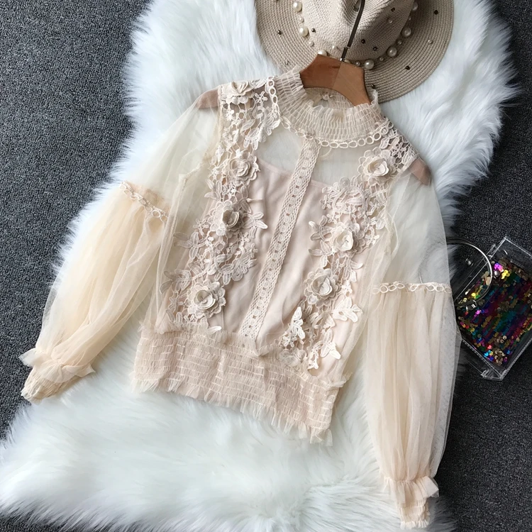 Women Perspective Gauze Blouse Shirt Lantern Sleeve Lace Crochet Mesh Blusas Ruffle Blouse with Ela