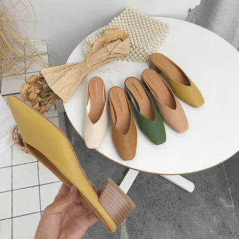 

GENSHUO Women Slippers Slip On Mules Low Heeled Casual Shoes British Buckle Slides Block Heels Sqaure Toe Lady Summer Footwear