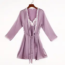 Женская ночная рубашка с цветочным краем, 2 в 1, 2019, выше колена, ночная сорочка, для невесты, фиолетовая, на шнуровке, пижама PHOENTIN FG016