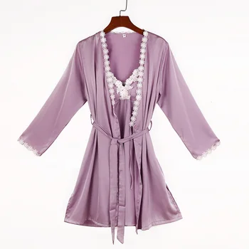 

Flower edge women's nightgown set 2 in 1 2019 above knee dressing-gown nighty for bride purple lace up sleepwear PHOENTIN FG016