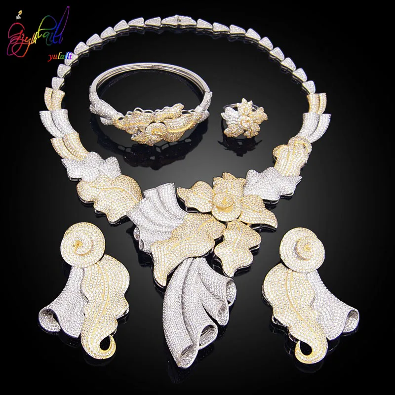 Yulaili New America Jewelry Sets for Women Luxury Cubic Zirconia Necklace Earrings Bracelet Ring Wedding Jewellery Accessories