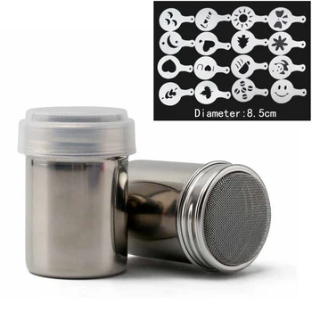 

Stainless Chocolate Shaker Cocoa Flour Icing Sugar Powder Coffee Sifter Lid Shaker+16Pcs Coffee Stencils Template Duster Spray