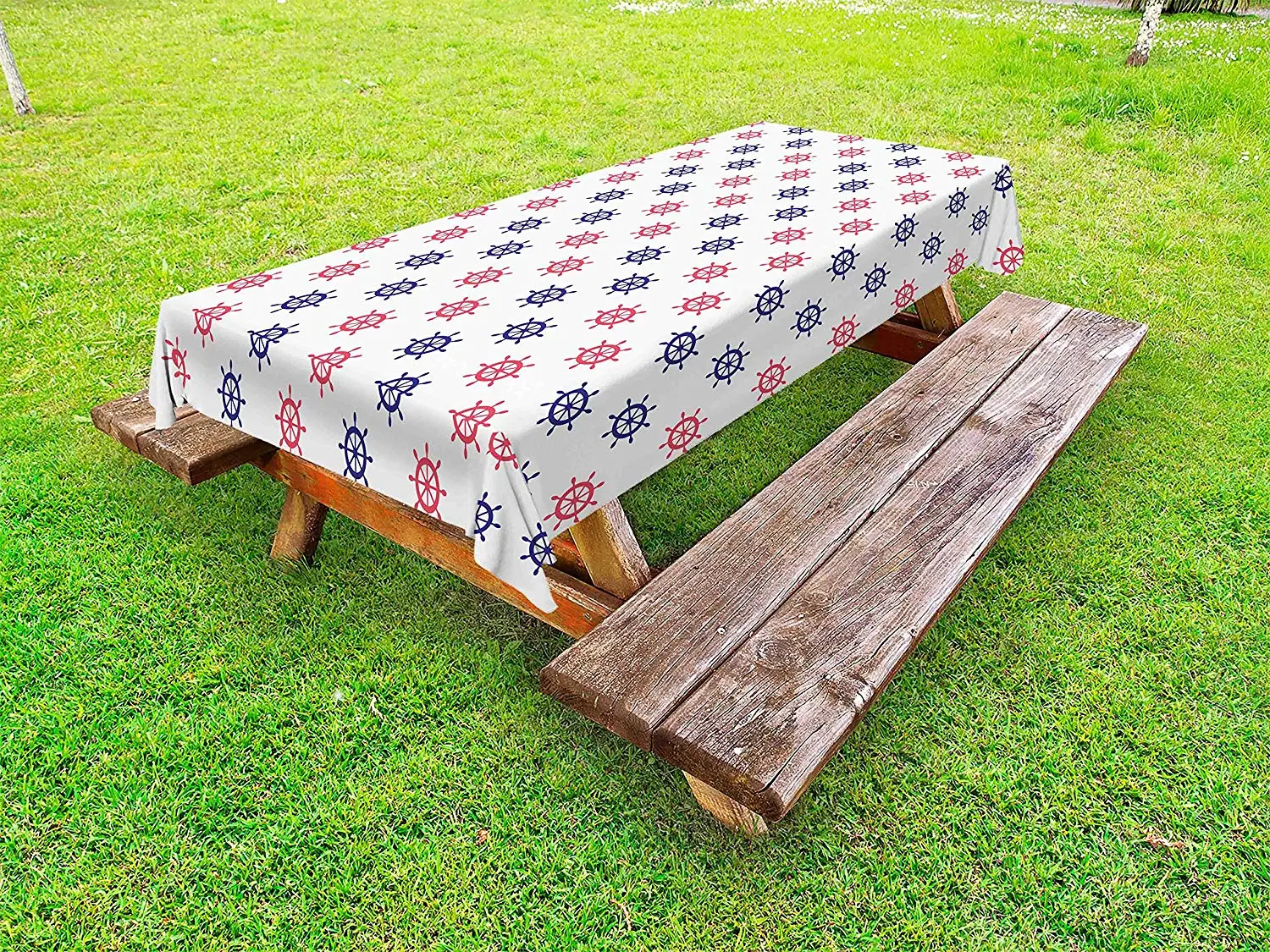 Ship's Wheel Outdoor Tablecloth Red Blue Helms with Boating Themed Design Vintage Summer Season Pattern Decor Picnic Table Cloth |