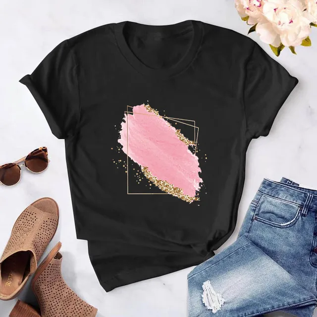 Heart flower print ladies T-shirt ladies casual basis O-collar white shirt short sleeve ladies T-shirt love graphic printing CT-Black-760