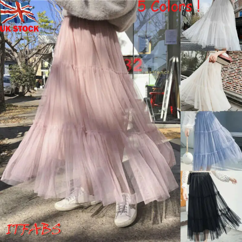 Женская Тюлевая сетчатая юбка с высокой талией, эластичные многослойные плиссированные макси юбки