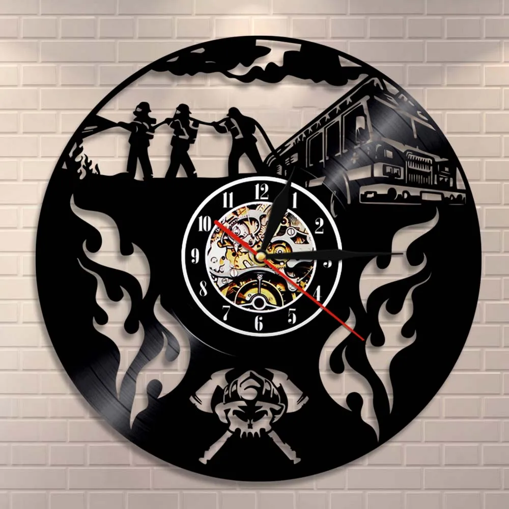 

Firefighting Rescue Helmet Axes Crossed Wall Art Wall Clock Fireman Fighting Vinyl Record Wall Clock Firemen Retirement Gift
