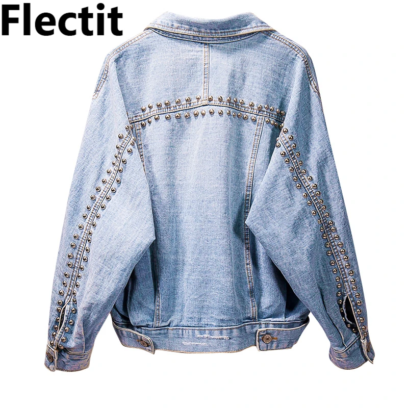 Женская джинсовая куртка с заклепками Flectit винтажная рваная большого размера XXXL #