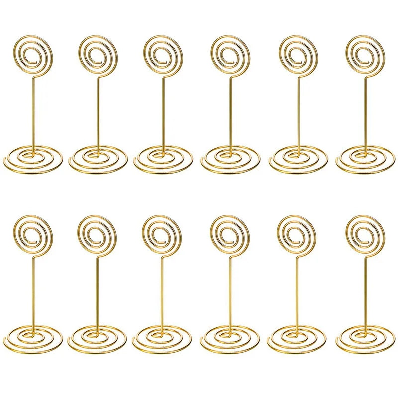 

12 Pack Table Number Card Holders Photo Holder Stands Place Paper Menu Clips, Circle Shape (Gold)