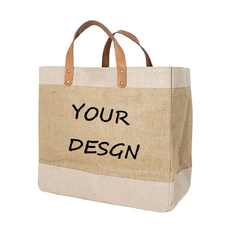 Wholesale 200Pcs/Lot Modern Design Jute Linen Hessian Shopping Tote Bag with Leather Handles