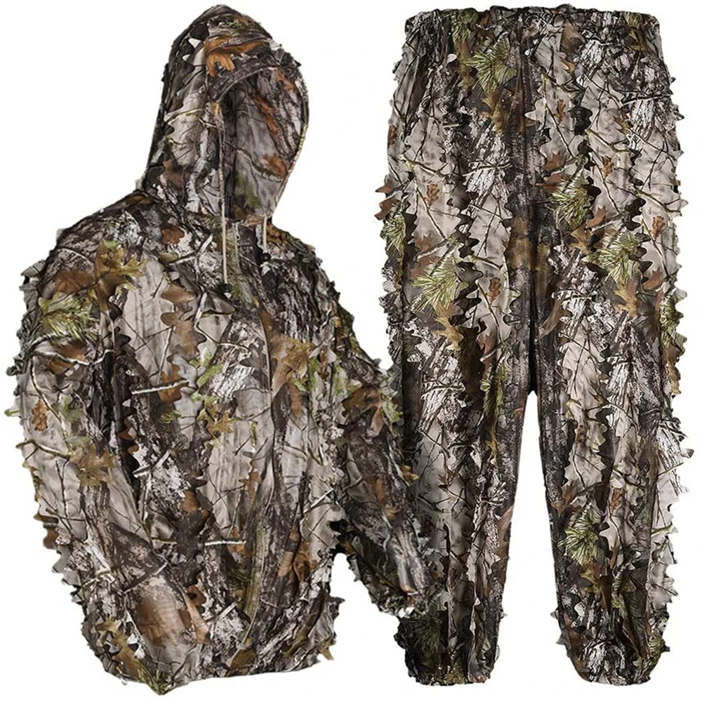 Hunting Ghillie Suit Leafy Camo Jacket Pants for Men Women Tactical Zipper 3D 