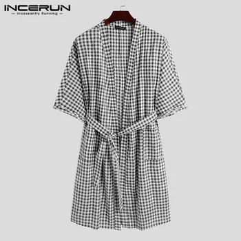

INCERUN Men Plaid Robes Cotton Homewear 3/4 Sleeve V Neck Cozy Sleepwear Men Kimono Fashion Bathrobes Nightgown With Belt S-5XL