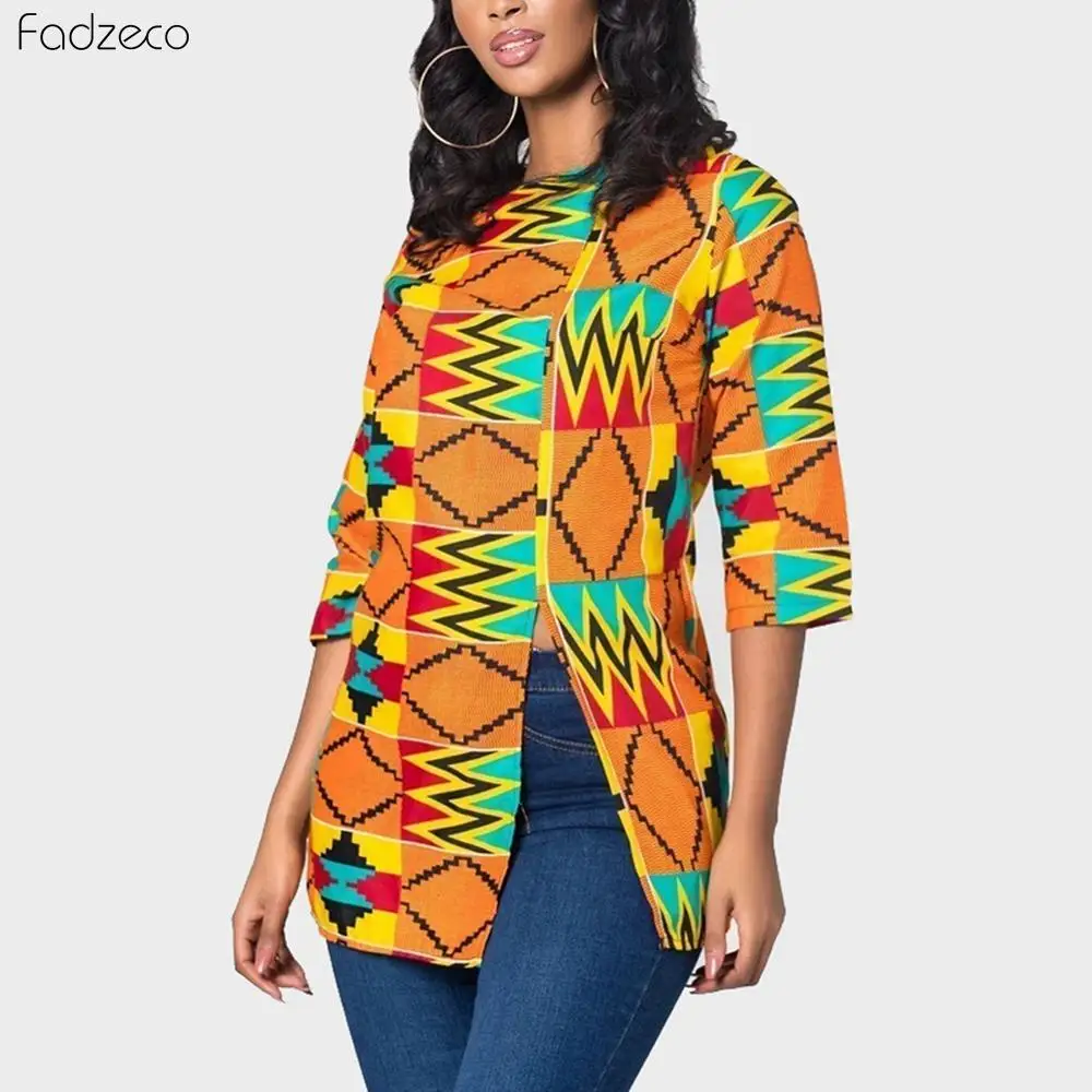 Fadzeco African Women Clothes Dashiki Tops Half Sleeve Front Split Ankara Print T-Shirt Vestido Fashion Blouse African Clothing