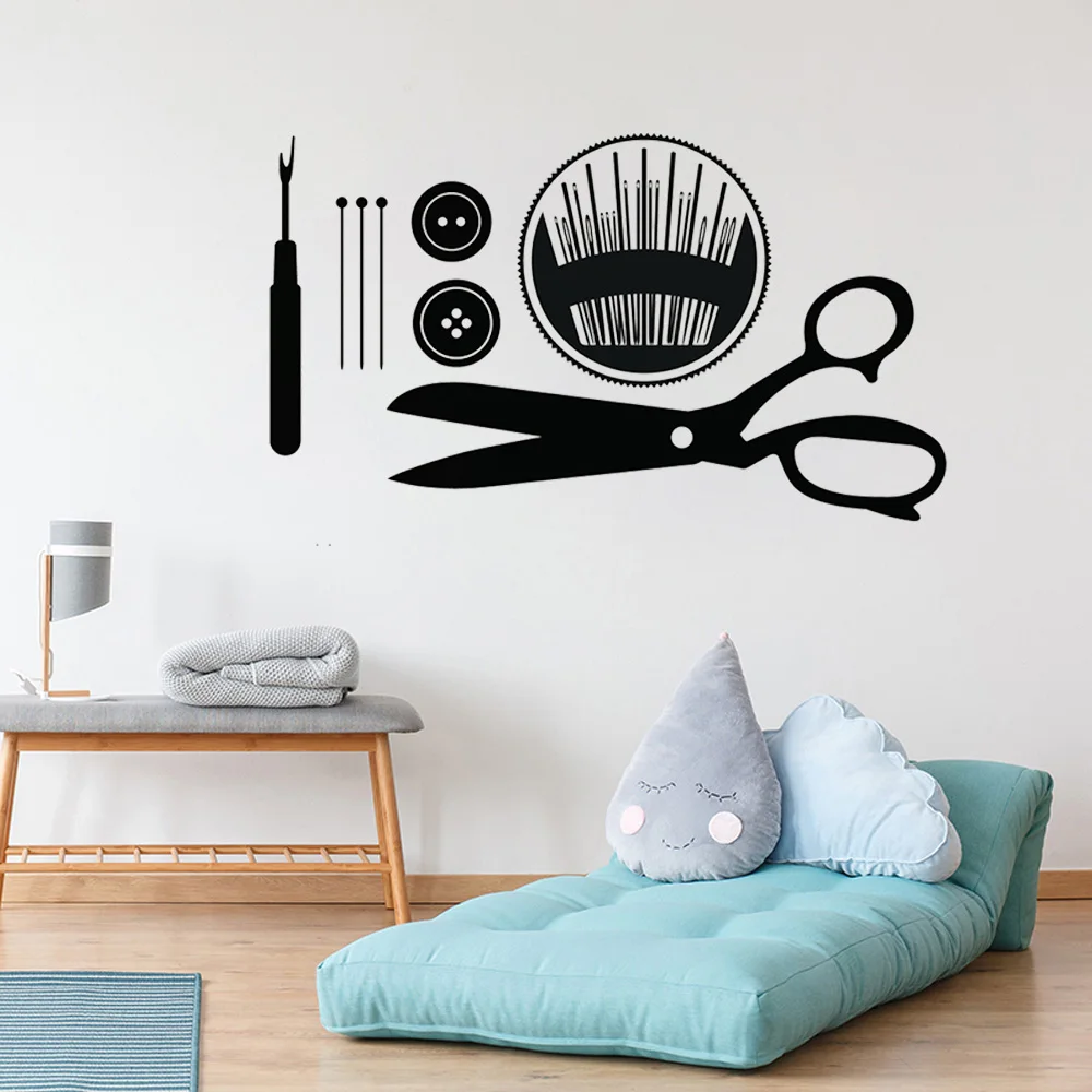 

Sewing Wall Art Decals Seamstress Gift Wall Sticker Buttons Pins Sewing Tools Wall Mural Removable Sewing Shop Wall Decor