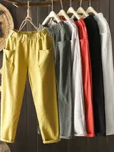  ShiMai Plus Size Women Cotton Pants Summer Elastic Waist Loose Casual White Harem Pants Women's Pocket Cotton Linen Trousers 