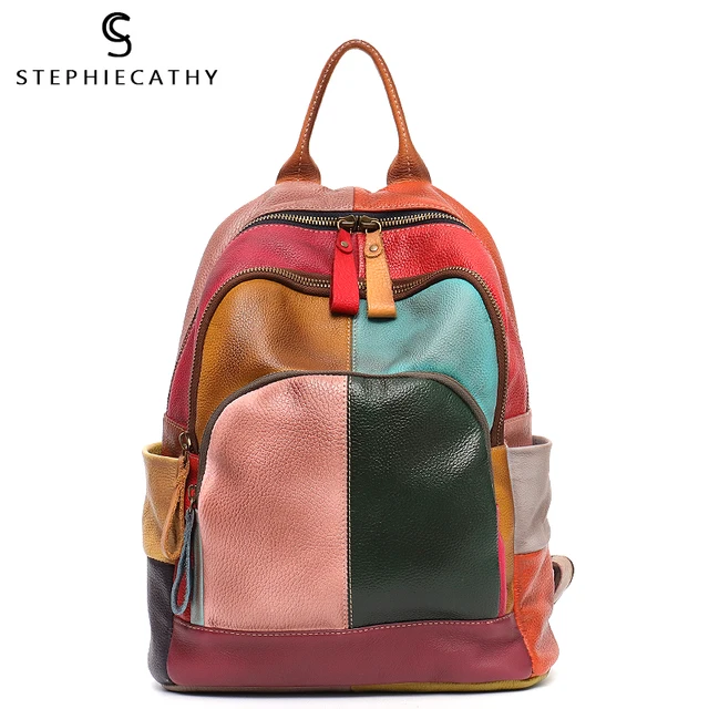 SC Vintage Leather Colorful Patchwork Women Backpack Zip Casual Shoulder Bags Genuine Leather Female School Knapsack Travel Bags 1