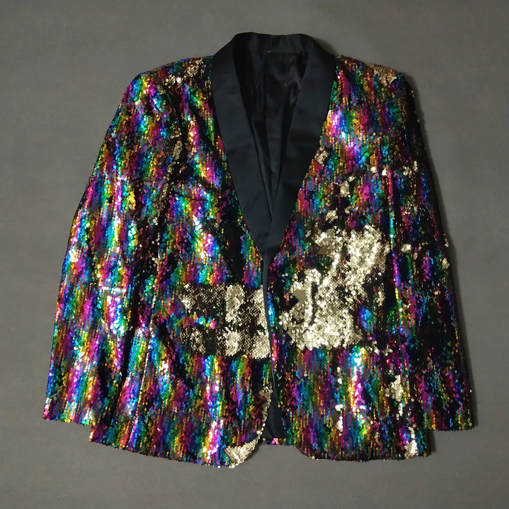 Men Shiny Colorful Sequins Blazers Single Button Slim Male Singer Host Stage Tuxedo Costume Bar Nightclub Party Suit Jackets