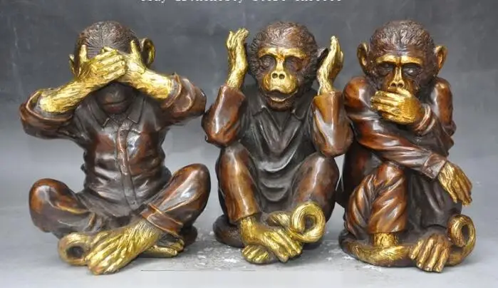 S05761 China bronze gilt fengshui zodiac Animal 3 Monkey Different Sentiment statue Set
