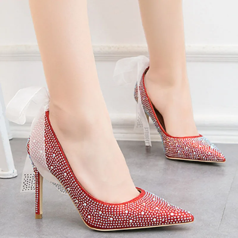 

Women's banquet high heels thin heel shallow mouth pointed sexy wedding shoes thin water color drill high heel shoes