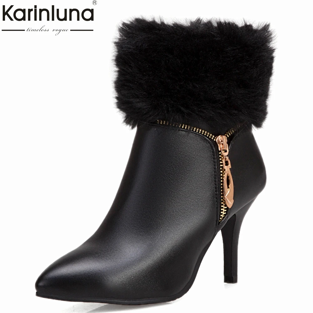 Karinluna/ г. Большие размеры 32-48, элегантная зимняя женская обувь на тонком высоком каблуке с мехом ботильоны с острым носком женские ботинки