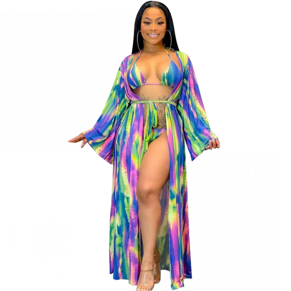 Three Piece Suit Sexy Swimsuit African Dashiki New Fashion Women Bikini Suit Cape Coat Beach Dress Summer Bohemian Beach Style