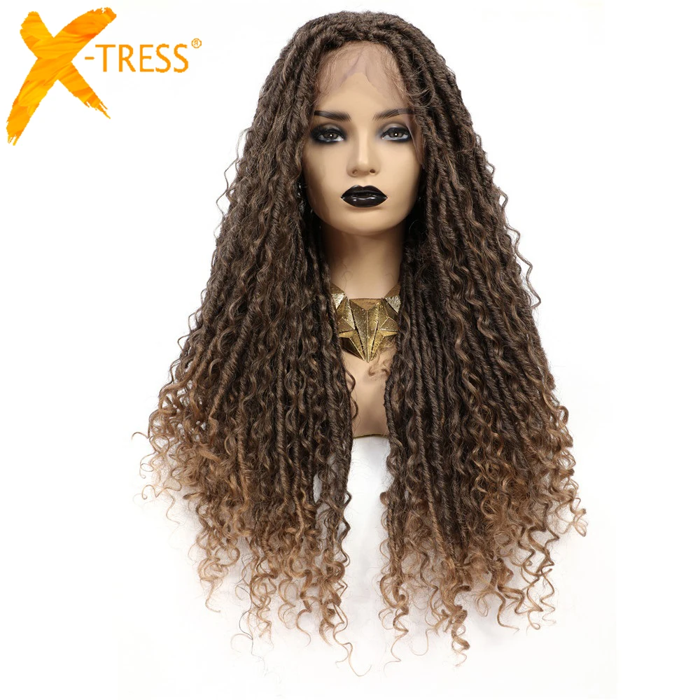 X-TRESS Faux Locs Synthetic Wigs Straight Ombre Brown Colored Crochet Braids Wig For Black Women Soft Dreadlock Curly Hairstyle