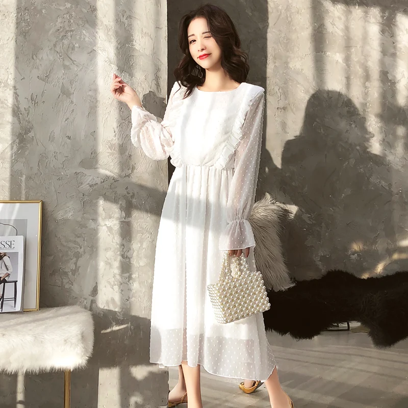 

Elegant Chiffon Party Women Dress Plus Size Ladies Clothes 2019 New Fashion White Midi Autumn Winter Dress Female Vestidos robe