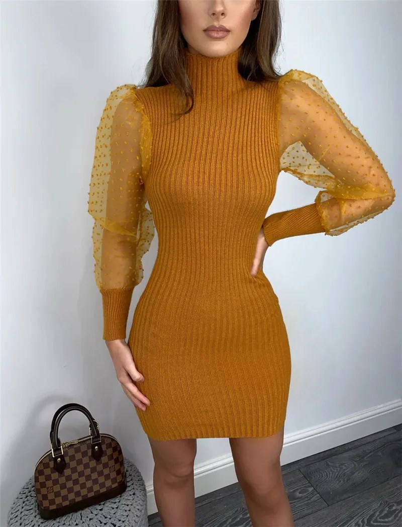 Yellow B Модные женские облегающие мини-платья, элегантные сетчатые прозрачные платья с длинным рукавом, обтягивающие женские платья, вечерние Клубные платья Vestidos, уличная одежда - Цвет: Yellow B