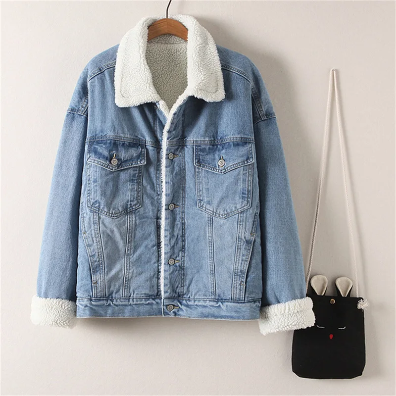

Women Denim Jacket With Fur Women Autumn Winter Denim Jacket Warm Upset Jacket Vintage Long Sleeve Loose Jeans Coat Outwear#62