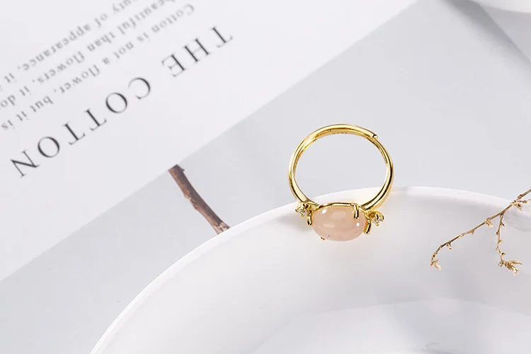 925 пробы Серебряное кольцо с натуральным розовым кварцем, кольцо с золотым покрытием для женщин, обручальные кольца, инкрустированные цирконием, хорошее ювелирное изделие, регулируемое