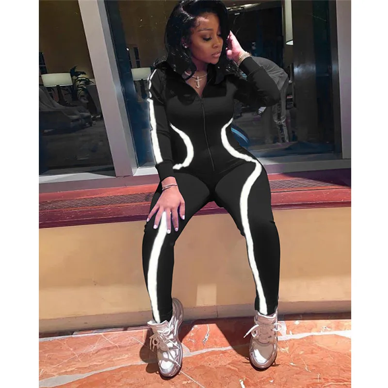 Autumn Reflective Patchwork Long Sleeve Zipper Bodysuit Black Gray Skinny Women Streetwear Long Jumpsuit Overalls for Women Autumn Reflective Patchwork Long Sleeve Zipper Bodysuit Black Gray Skinny Women Streetwear Long Jumpsuit Overalls for Women