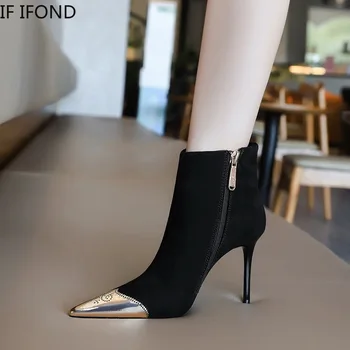 

IF IFOND Sexy Ladies Thin High Heels Metal Decoration Pointed Toe Boot Women Flock Shoes Design Plaid Ankle High Fashion Boots