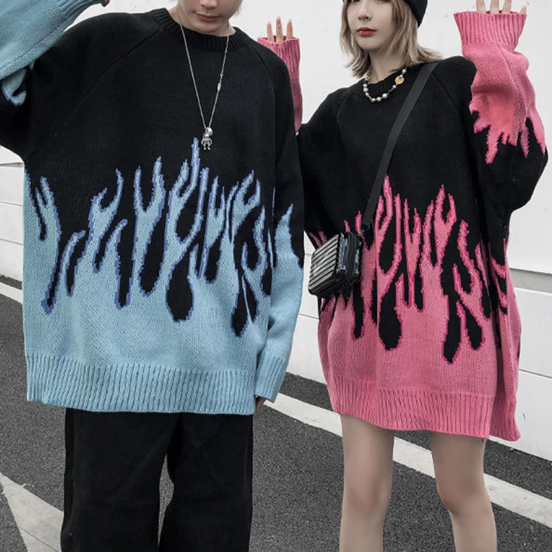 

Autumn and winter flame print sweater men and women couple coat loose knit sweater round neck top sweater comfortable pullover