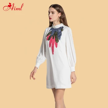 

Female Designer Spring Summer Sequins Stand collar Long Sleeve White Mini Dress Female Fashion Banquet Elegant Dresses New