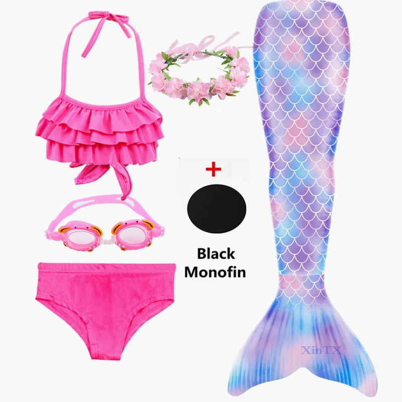 Детский купальный костюм русалки для девочек С флиппером, Моноласты, бикини для девочек, можно добавить монофиновые очки с гирляндой, одежда для купания - Color: 6pcs as picture show
