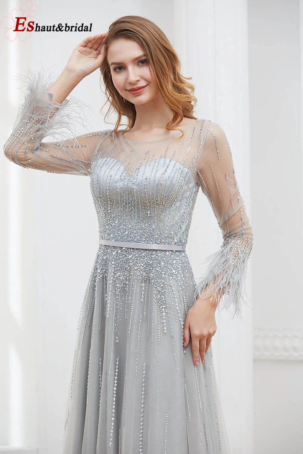 Long Sleeves Evening Dress 2020 Oneck Aline Luxury Feather Beads