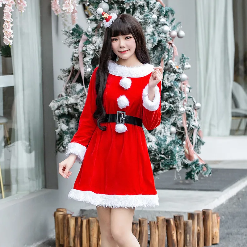 Санта Клаус женский Рождественский костюм красный бархат мини платье косплей Рождество праздничная одежда Вечерние платья