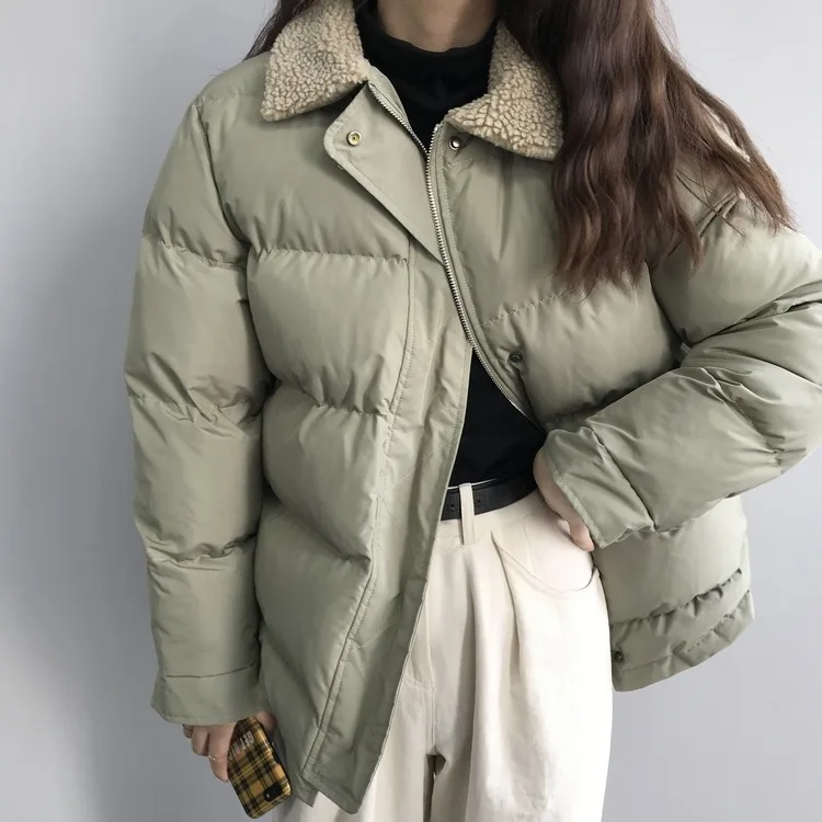 CamKemsey/зимние женские пальто в Корейском стиле с воротником из овечьей шерсти; повседневные однотонные пуховики с хлопковой подкладкой; зимние теплые парки; куртки-бомберы