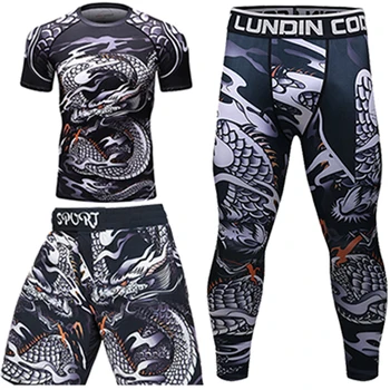 

rashguard for men mma jiu jitsu gi T-shirt Set gym work out compression bjj rash guard sportsuit muay thai shorts fitness tights