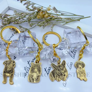

Customize pet gold-plated keychain photo keyring for memorial gift Engraved picture and texts for pet
