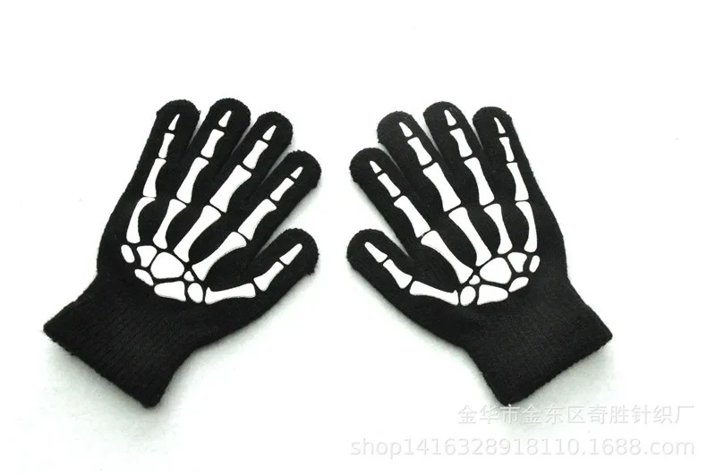 Теплые зимние перчатки на палец для детей, детей, мужчин, женщин, светящиеся на Хэллоуин, скелет, призрак, коготь, черные эластичные модные аксессуары-QSD